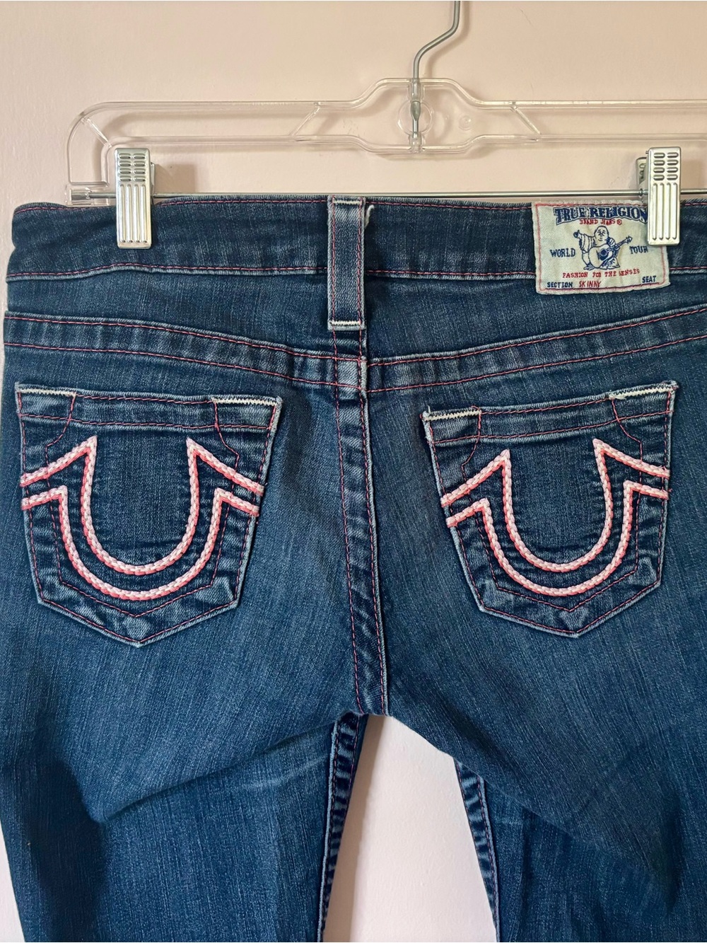 True Religion Women's Blue Denim Jeans with Pink Back-Pocket Stitching